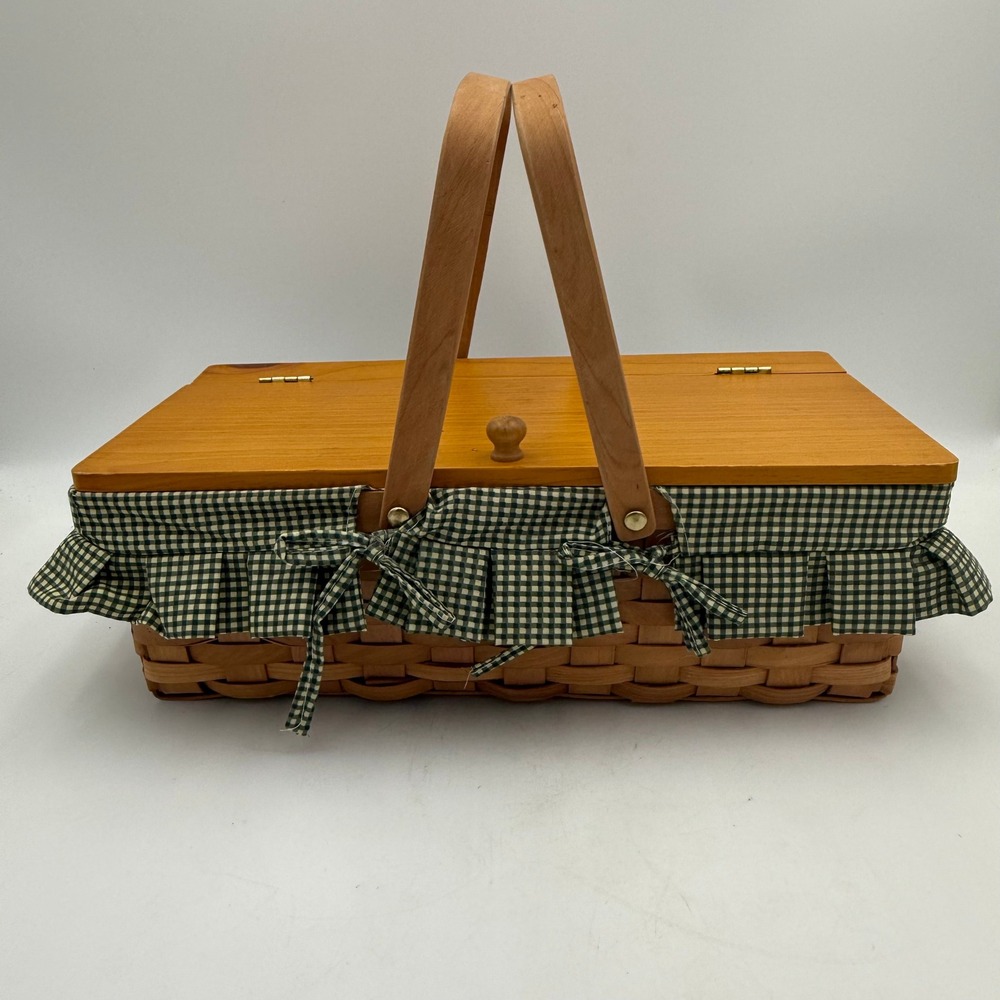 Vintage Woven Picnic Basket with Wooden Lid and Gingham Ruffle Liner Green White